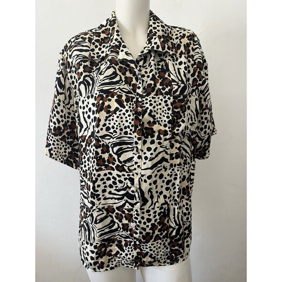 Vintage 80s Adrianna Papell Silky Satin blouse Size 12 Leopard Print Button Down - Picture 1 of 6